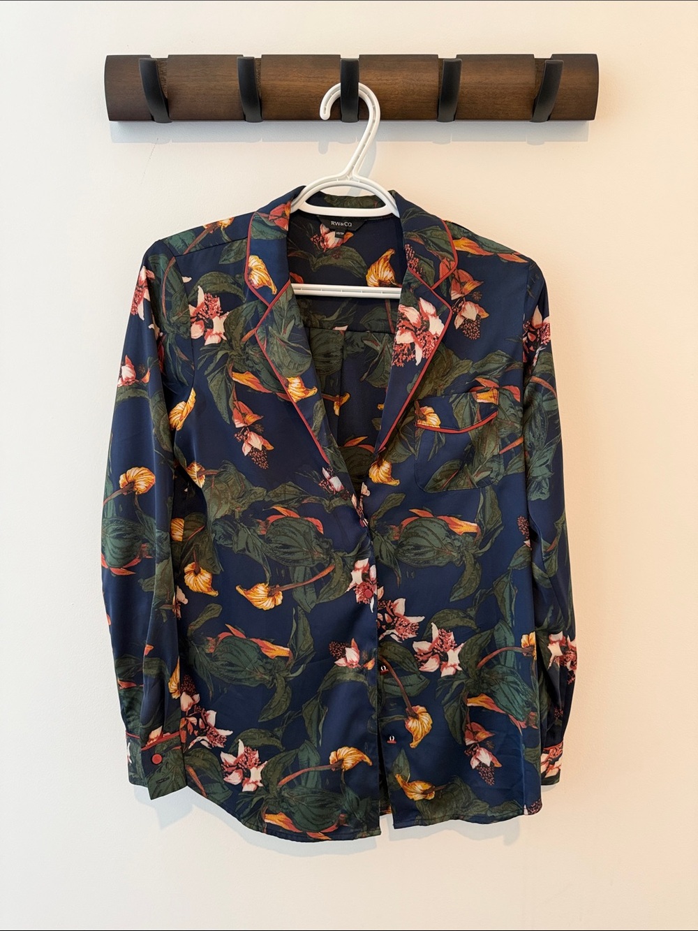Floral Navy Button-Up Blouse with Green & Gold Accents